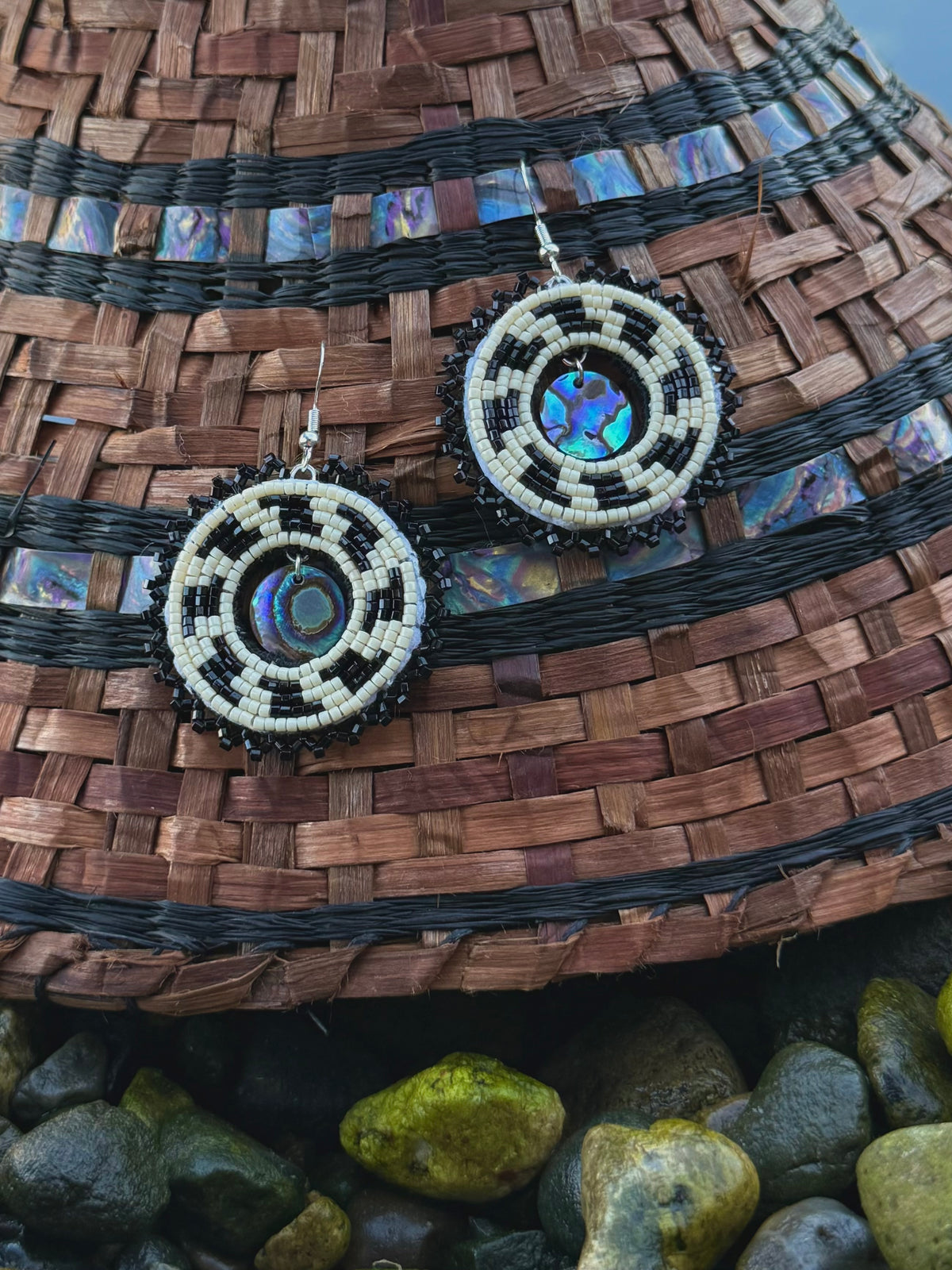 saghalie piah beaded earrings with abalone cutout