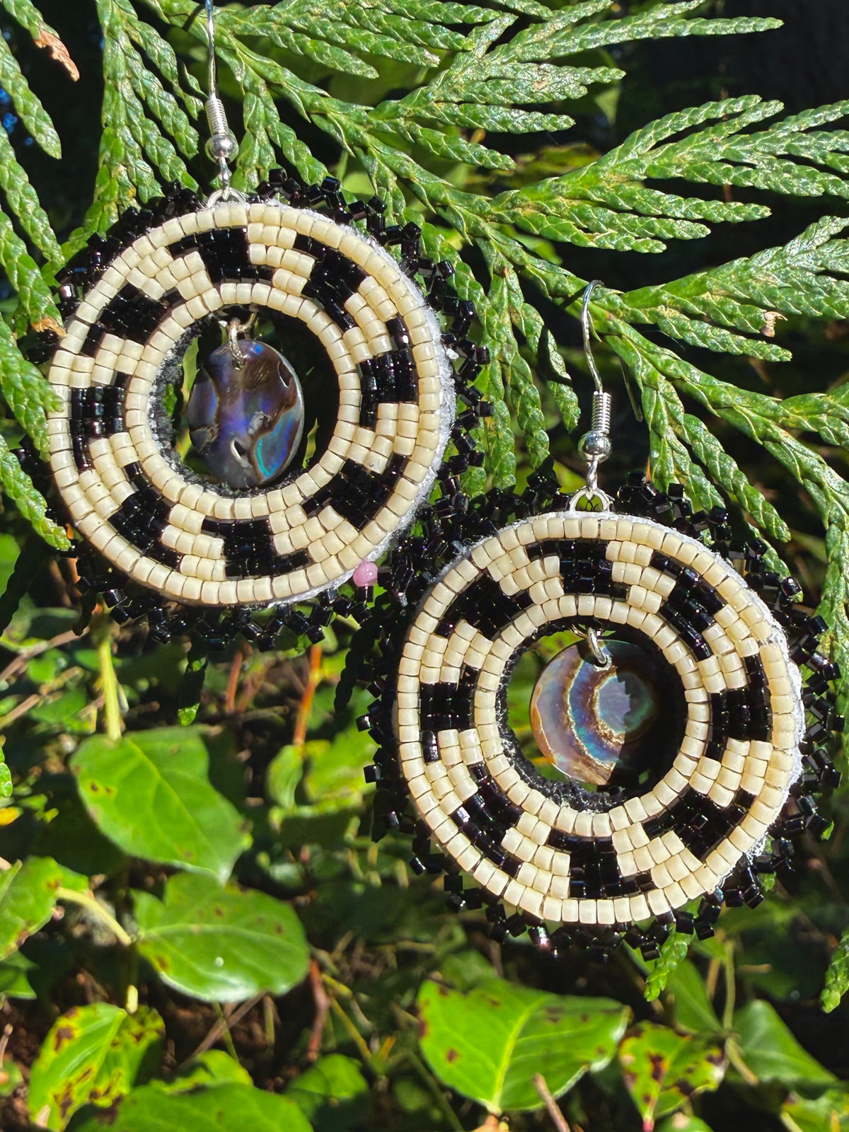 saghalie piah beaded earrings with abalone cutout