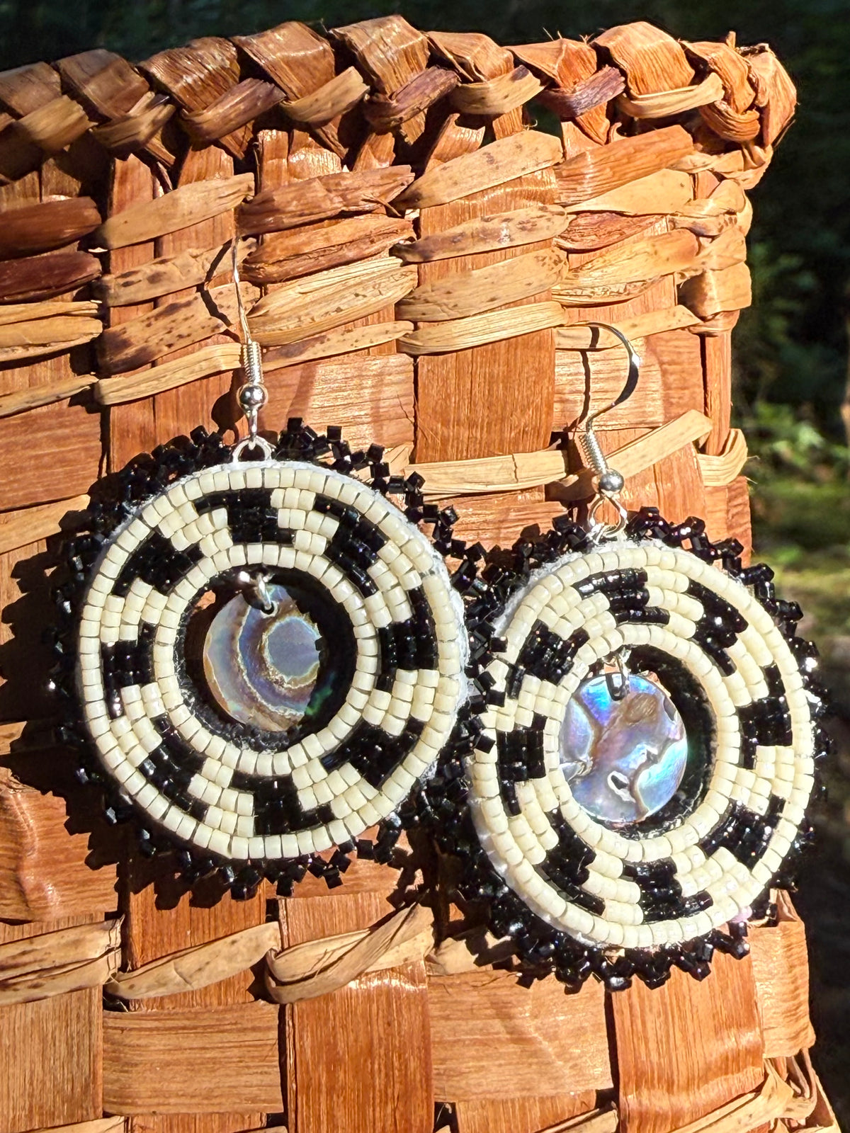 saghalie piah beaded earrings with abalone cutout