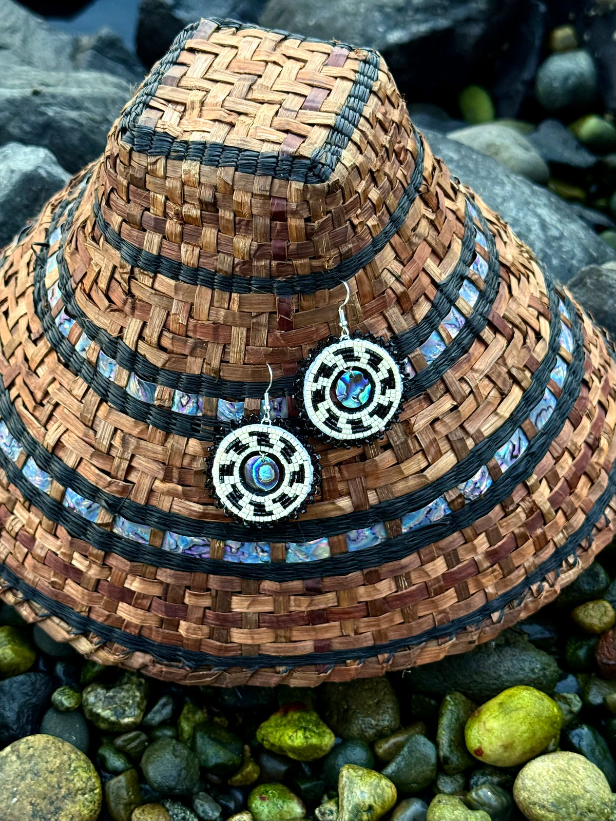 saghalie piah beaded earrings with abalone cutout