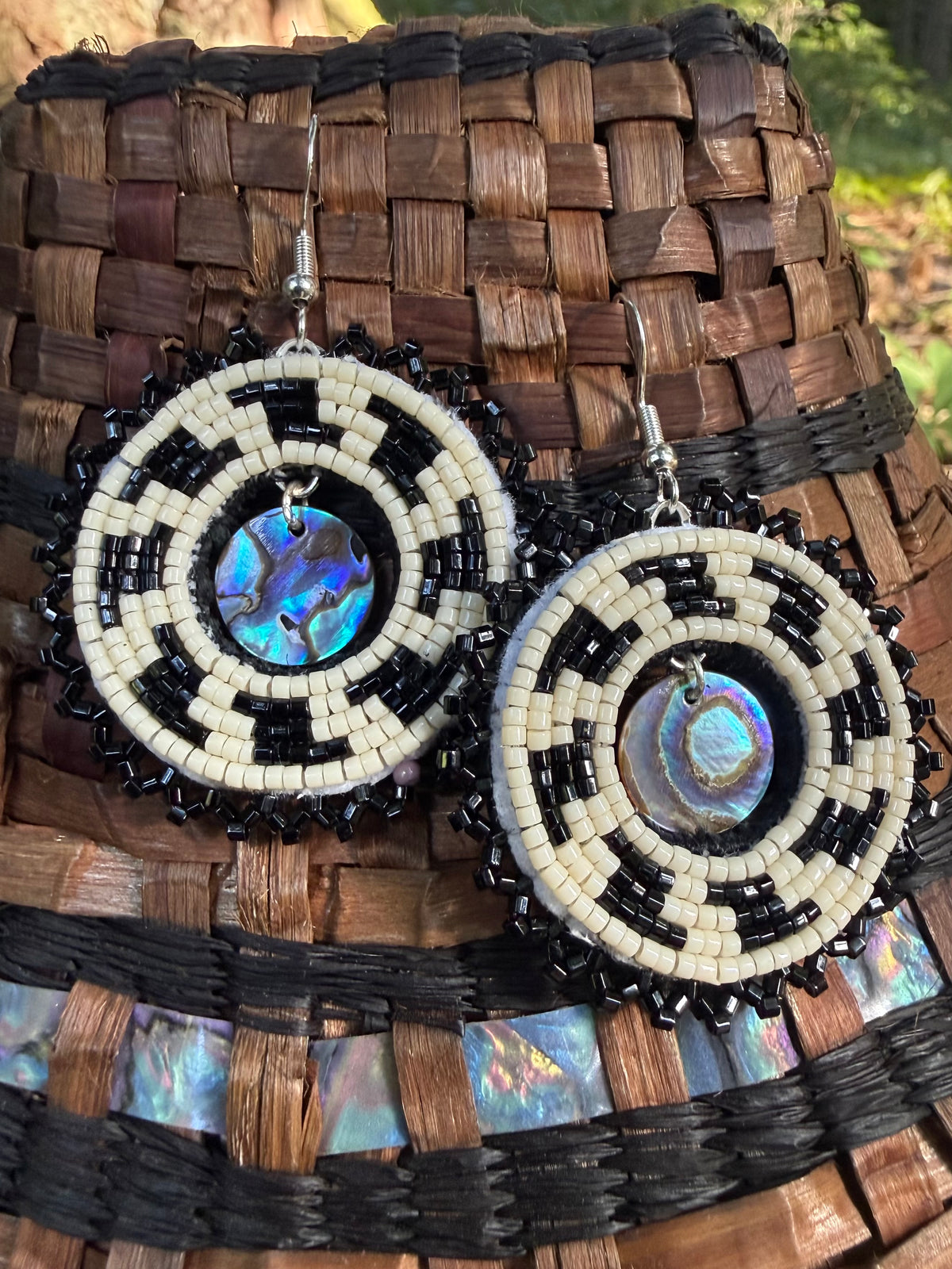 saghalie piah beaded earrings with abalone cutout